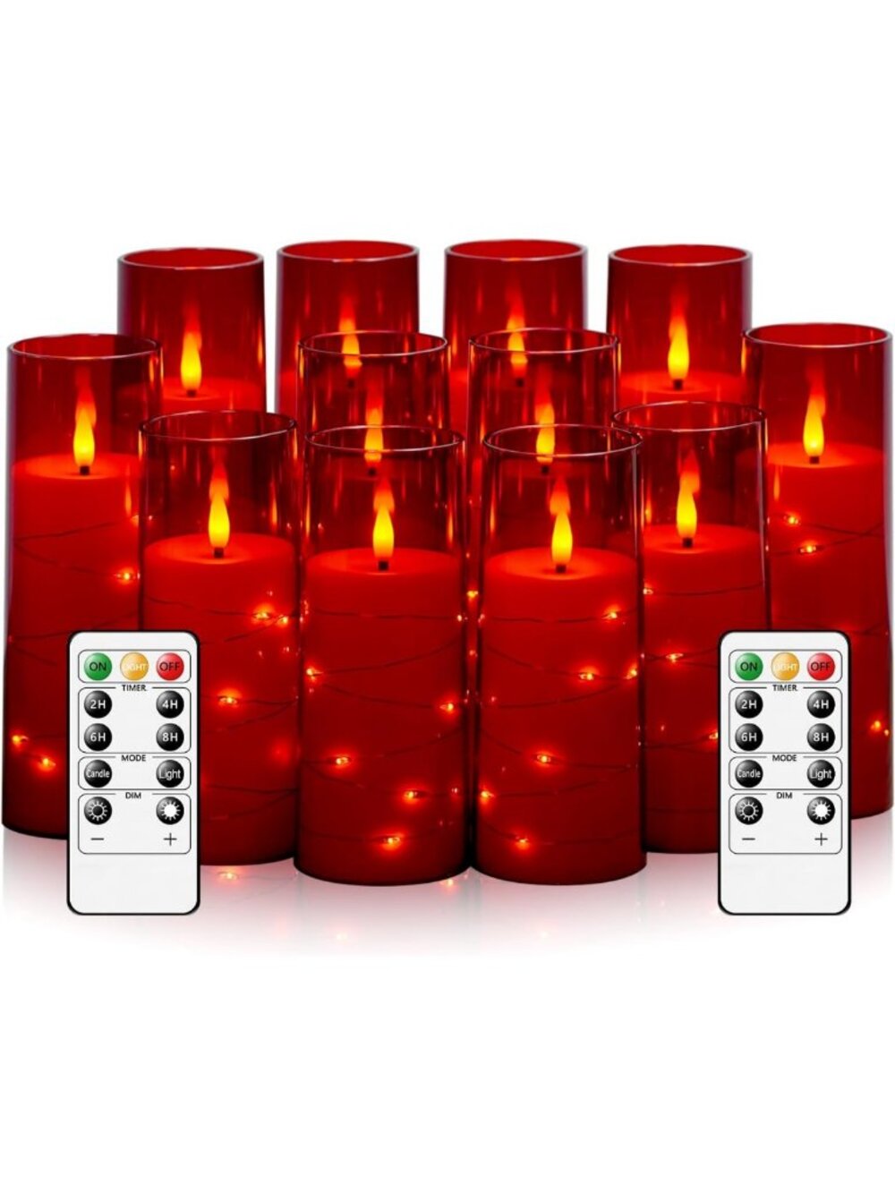 Battery Operated Flameless LED Candles with Remote - 12 Red Flickering Star
